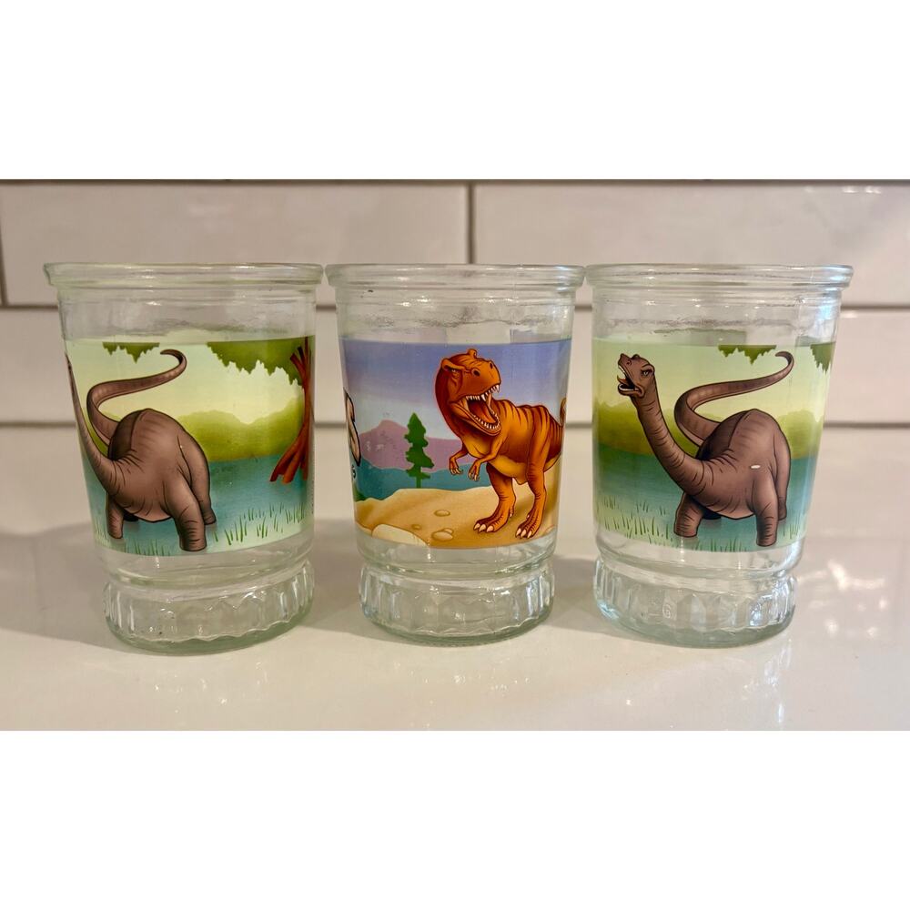 Set of 3 Vintage BAMA Jelly Jar Juice Glasses with Dinosaurs